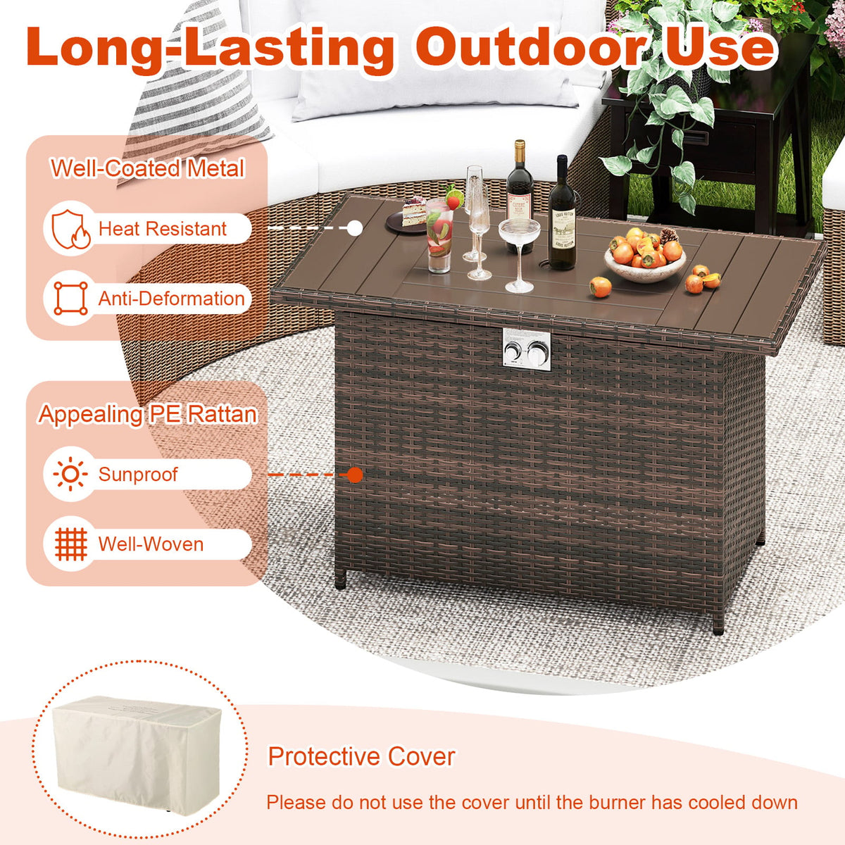 44.5 Inch Propane Fire Pit Table Rattan Gas 2-in-1 with Stainless Steel Burner-Brown-Fire Pits-DECOROLALA