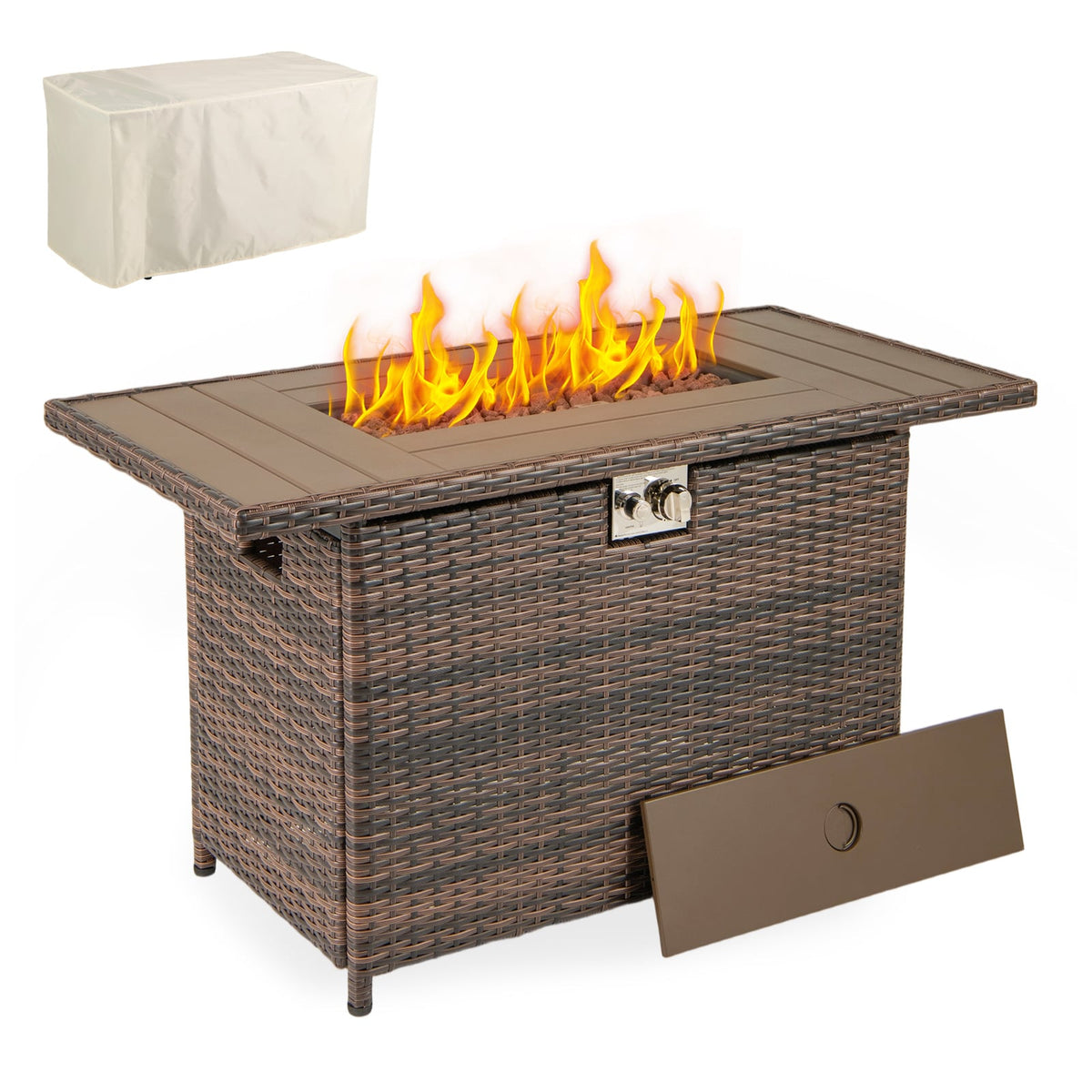 44.5 Inch Propane Fire Pit Table Rattan Gas 2-in-1 with Stainless Steel Burner-Brown-Fire Pits-DECOROLALA
