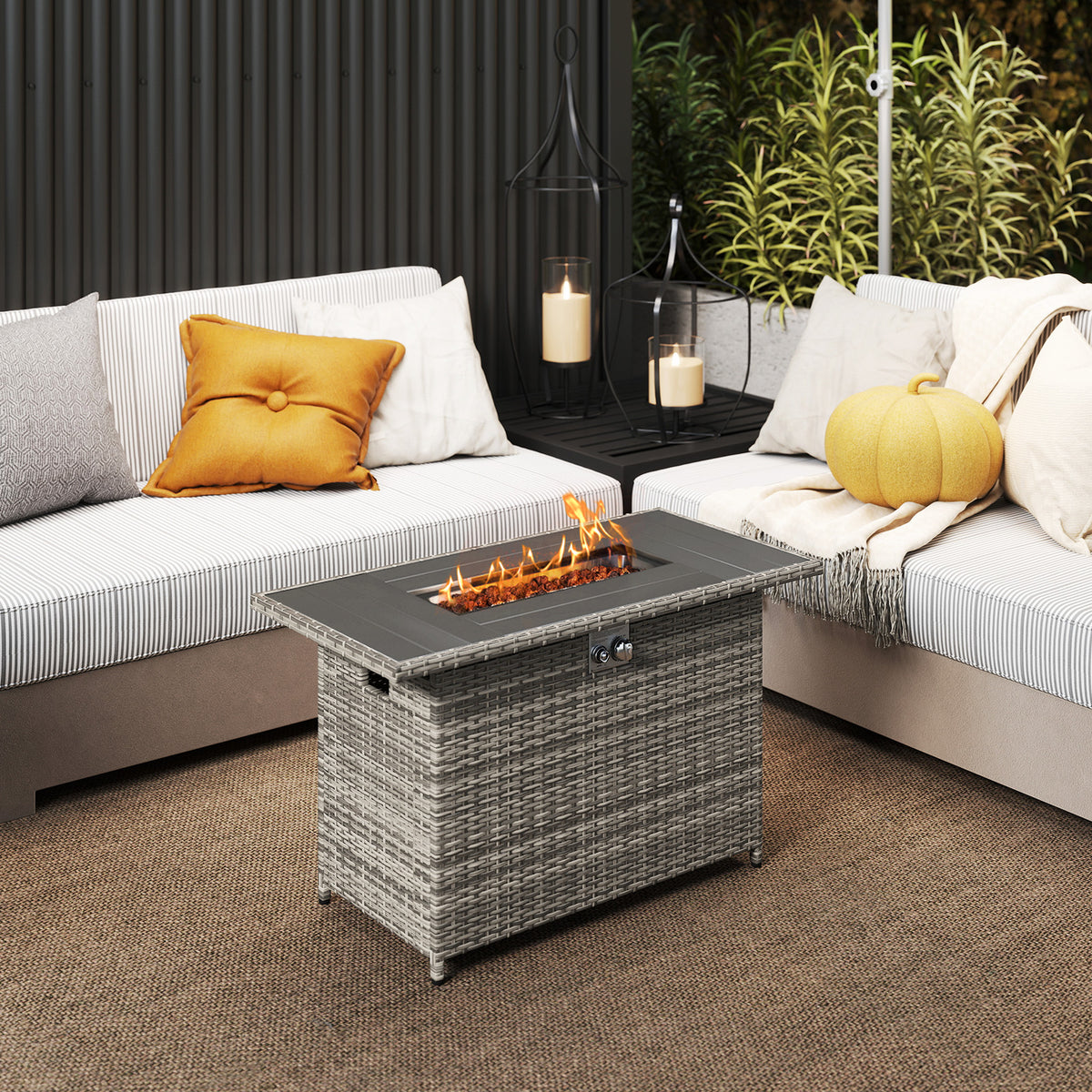 44.5 Inch Propane Fire Pit Table Rattan Gas 2-in-1 with Stainless Steel Burner-Gray-Fire Pits-DECOROLALA