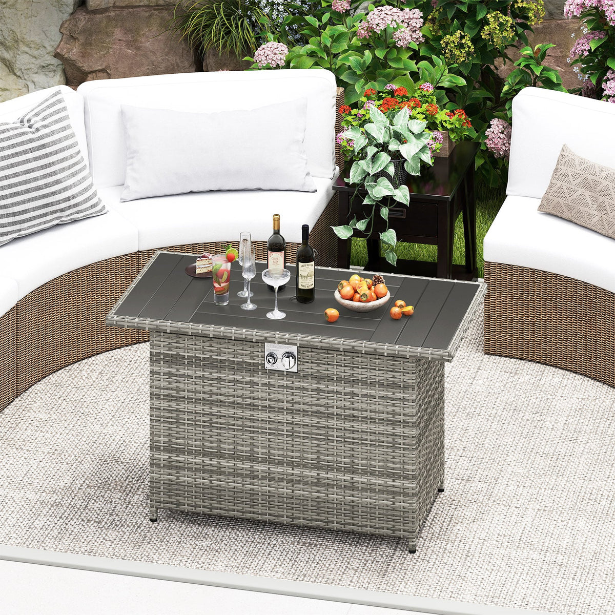 44.5 Inch Propane Fire Pit Table Rattan Gas 2-in-1 with Stainless Steel Burner-Gray-Fire Pits-DECOROLALA