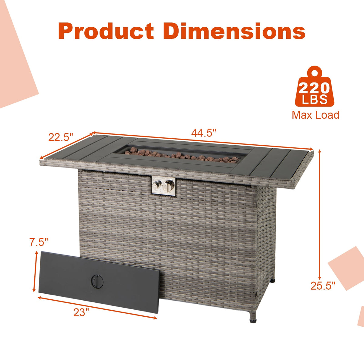 44.5 Inch Propane Fire Pit Table Rattan Gas 2-in-1 with Stainless Steel Burner-Gray-Fire Pits-DECOROLALA