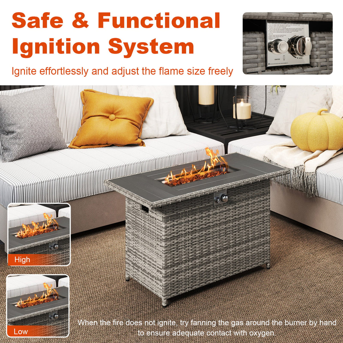 44.5 Inch Propane Fire Pit Table Rattan Gas 2-in-1 with Stainless Steel Burner-Gray-Fire Pits-DECOROLALA