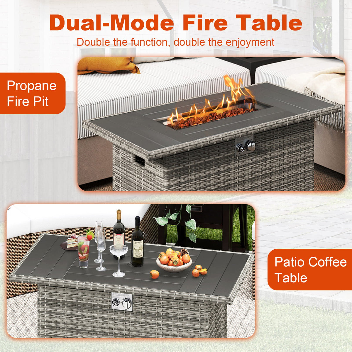 44.5 Inch Propane Fire Pit Table Rattan Gas 2-in-1 with Stainless Steel Burner-Gray-Fire Pits-DECOROLALA