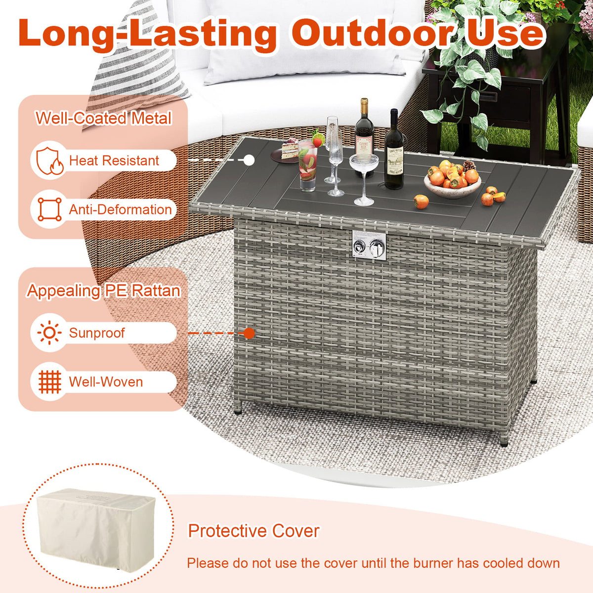 44.5 Inch Propane Fire Pit Table Rattan Gas 2-in-1 with Stainless Steel Burner-Gray-Fire Pits-DECOROLALA