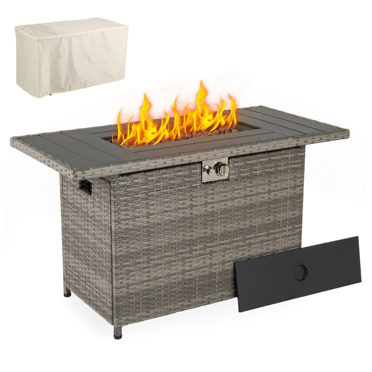 44.5 Inch Propane Fire Pit Table Rattan Gas 2-in-1 with Stainless Steel Burner-Gray-Fire Pits-DECOROLALA