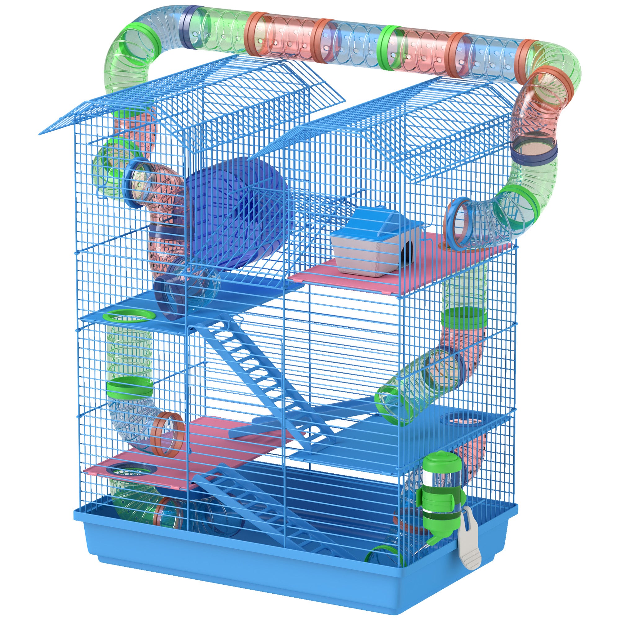 18.5" Hamster Cage, 5 Tiers Small Animal House with Tunnel Tube System, Exercise Wheel, Water Bottle, Blue