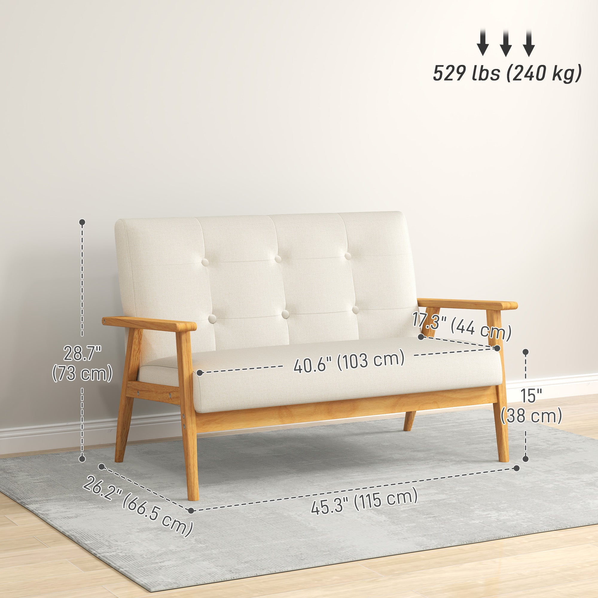 45" 2 Seat Sofa Beige Linen Rubber Wood Legs-DECOROLALA