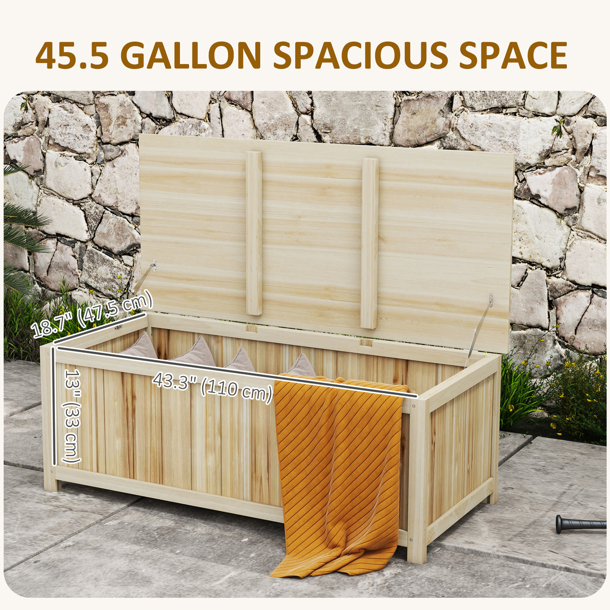45 Gallon Wooden Storage Box patio Deck Box Bench, Garden Backyard Outdoor Storage Container, Natural-Outdoor Storage Boxes-DECOROLALA