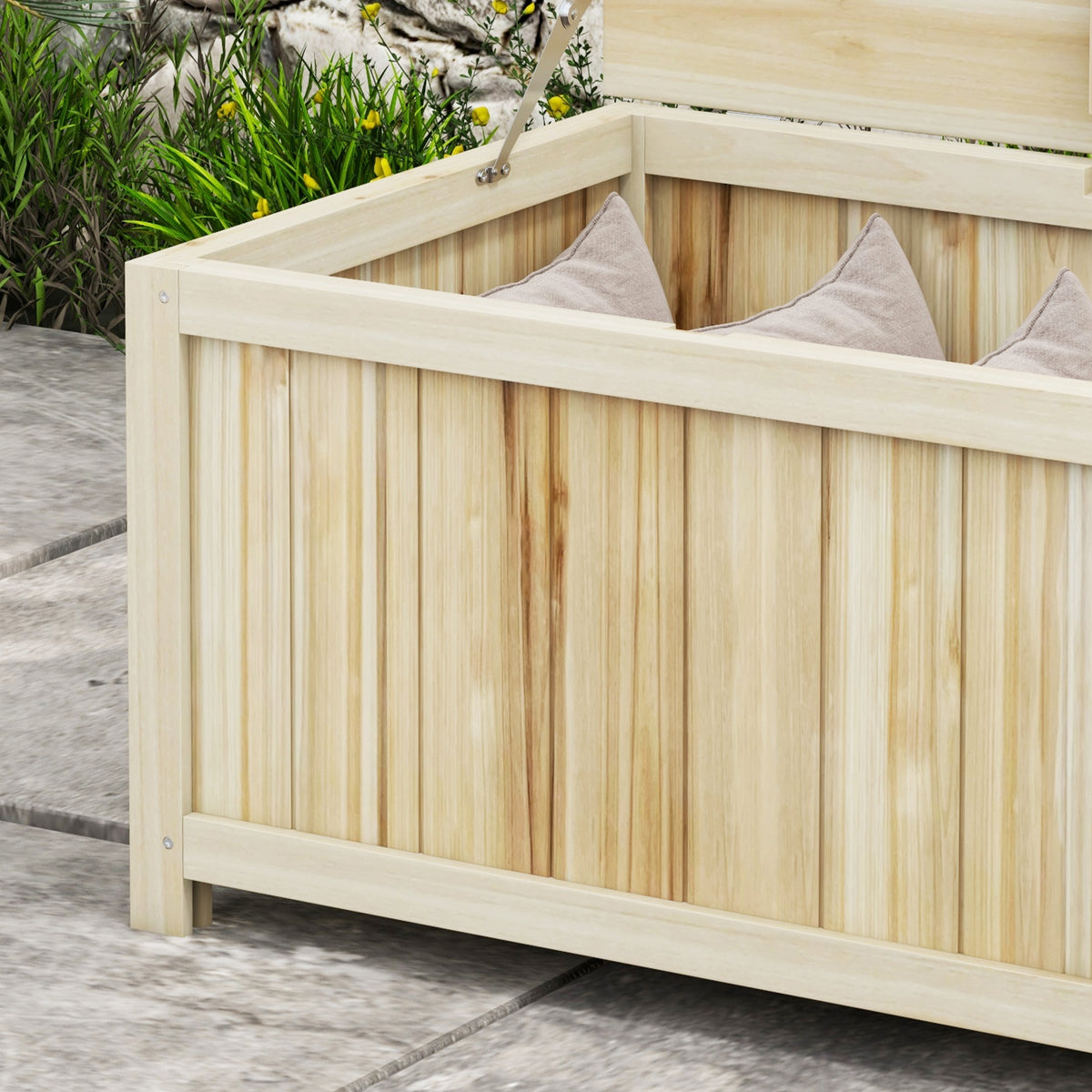 45 Gallon Wooden Storage Box patio Deck Box Bench, Garden Backyard Outdoor Storage Container, Natural-Outdoor Storage Boxes-DECOROLALA