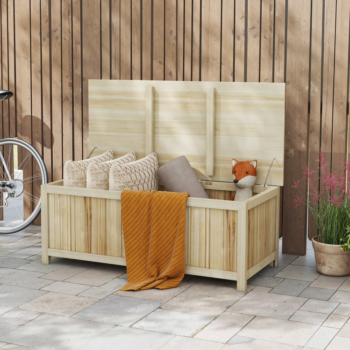 45 Gallon Wooden Storage Box patio Deck Box Bench, Garden Backyard Outdoor Storage Container, Natural-Outdoor Storage Boxes-DECOROLALA