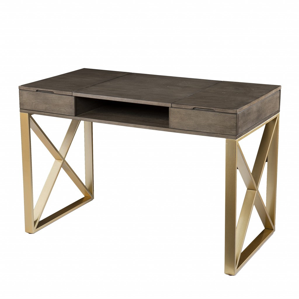 45" Gray and Gold Writing Desk With Two Drawers-Desks-DECOROLALA