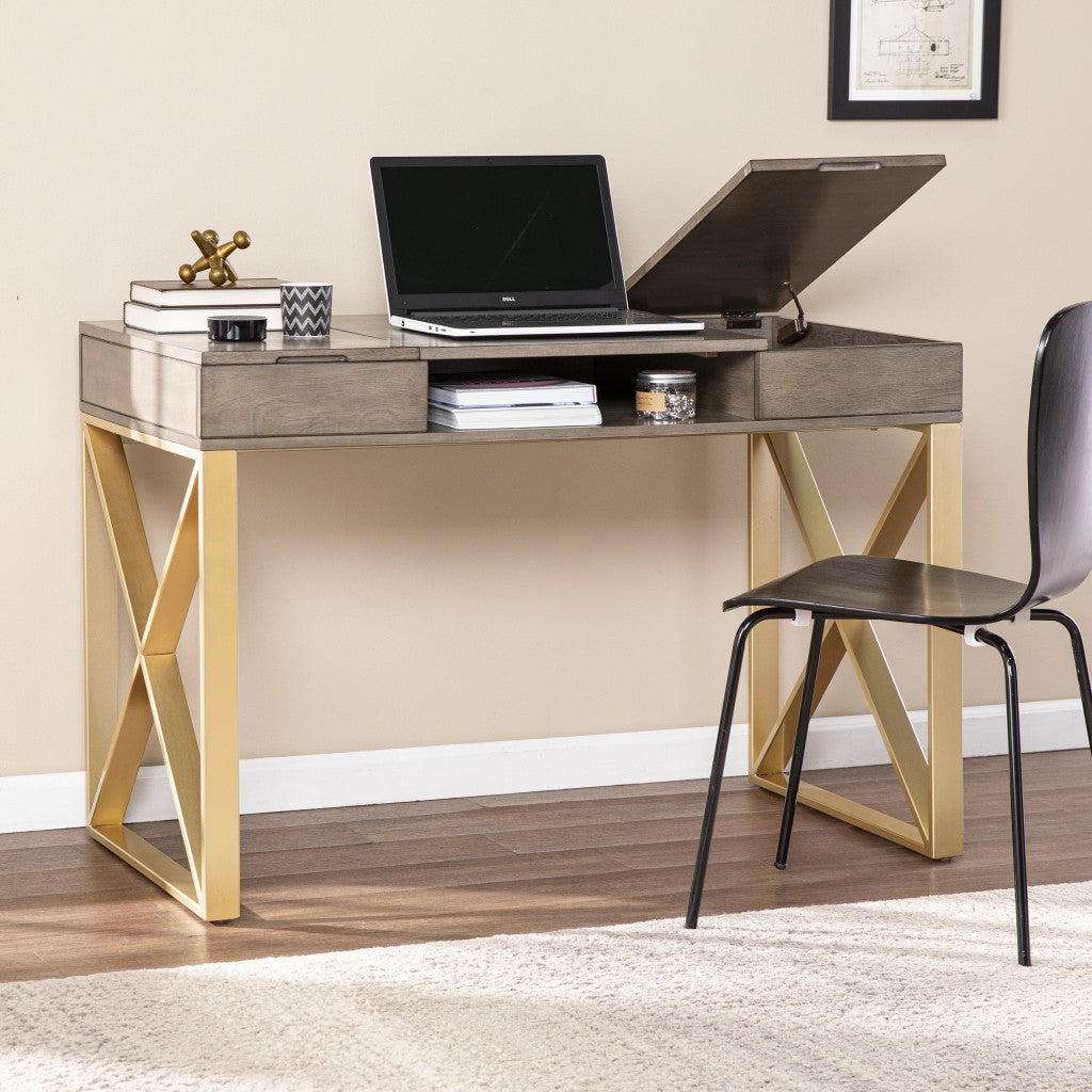 45" Gray and Gold Writing Desk With Two Drawers-Desks-DECOROLALA
