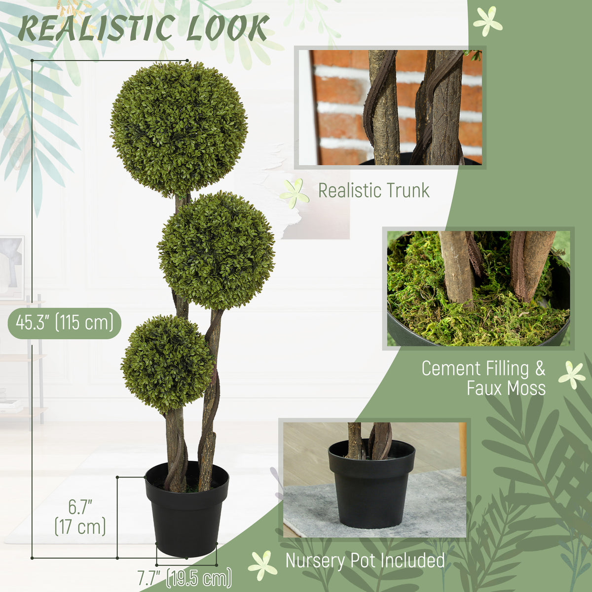 45 Inch Potted Fake Plant, Artificial Boxwood Topiary Tree, Triple Ball Tree for Indoor and Outdoor, Green-Artificial Trees-DECOROLALA