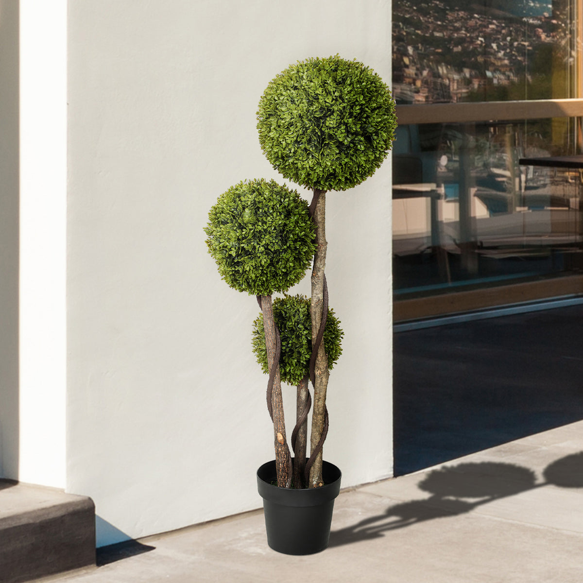 45 Inch Potted Fake Plant, Artificial Boxwood Topiary Tree, Triple Ball Tree for Indoor and Outdoor, Green-Artificial Trees-DECOROLALA