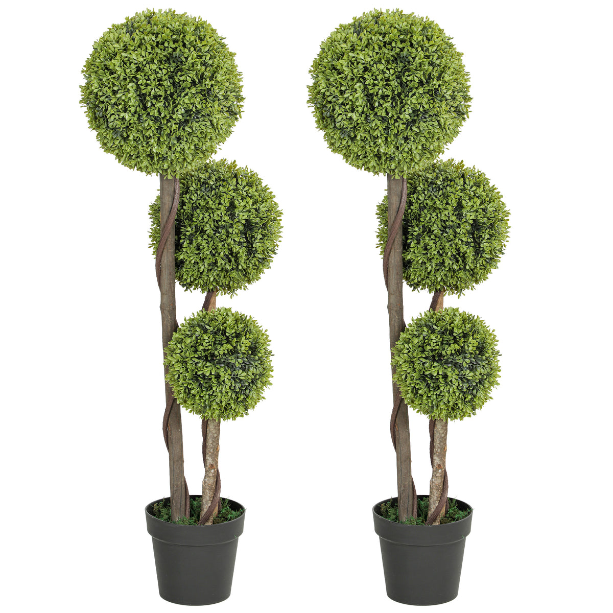 45 Inch Potted Fake Plant Set of 2, Artificial Boxwood Topiary Tree, Triple Ball Tree for Indoor and Outdoor, Green-Artificial Trees-DECOROLALA