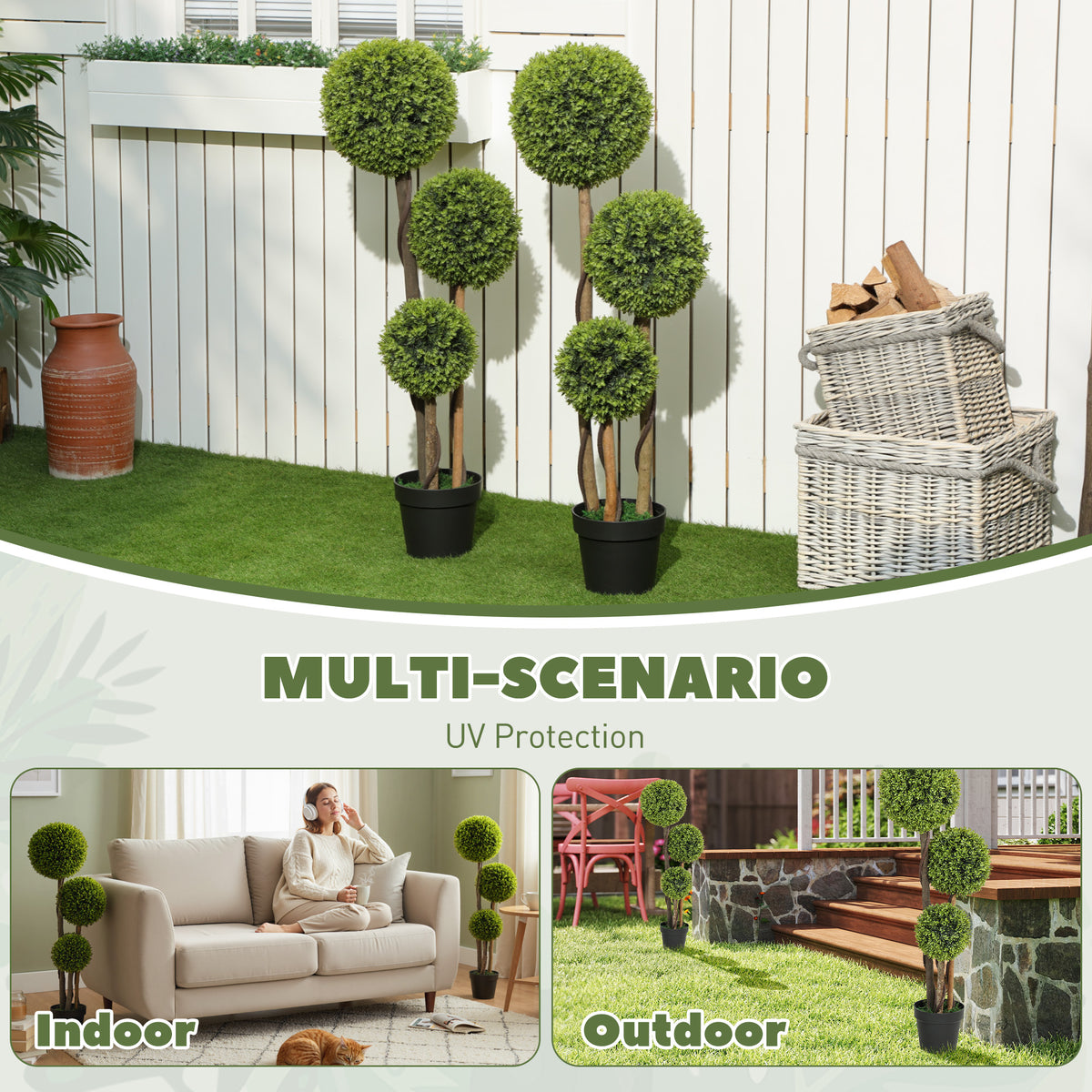 45 Inch Potted Fake Plant Set of 2, Artificial Boxwood Topiary Tree, Triple Ball Tree for Indoor and Outdoor, Green-Artificial Trees-DECOROLALA