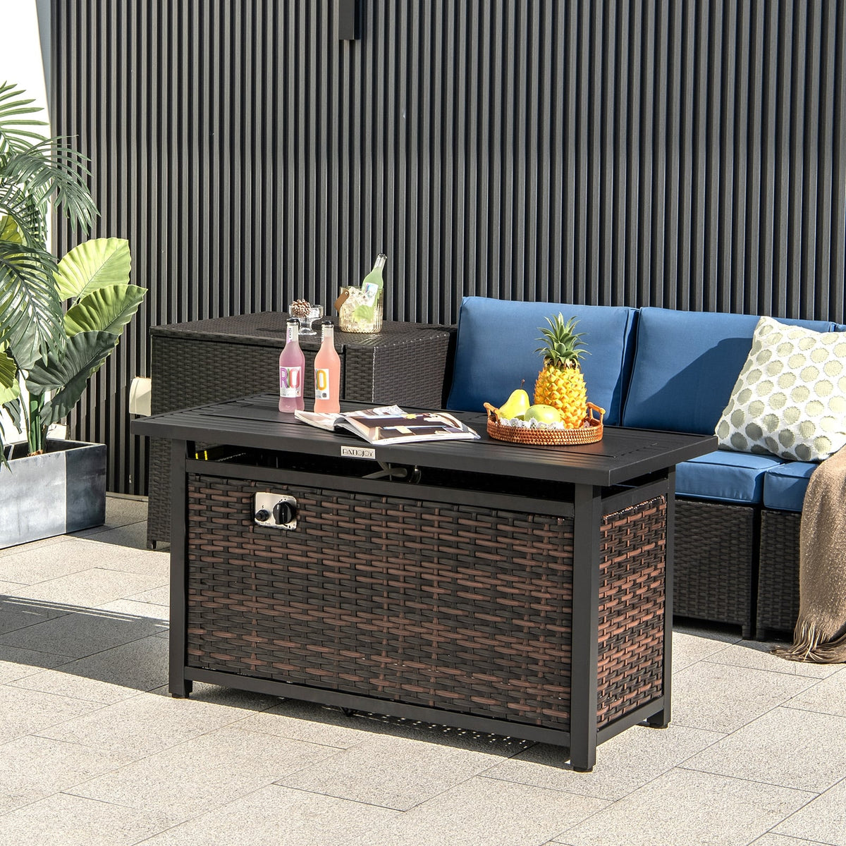 45 Inch Propane Rattan Firepit Table with Glass Stones and Protective Cover-Mixed Brown-Fire Pit Tables-DECOROLALA