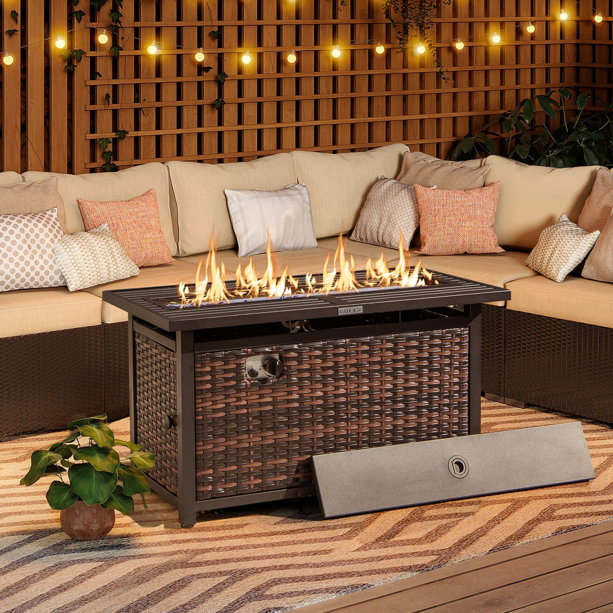 45 Inch Propane Rattan Firepit Table with Glass Stones and Protective Cover-Mixed Brown-Fire Pit Tables-DECOROLALA