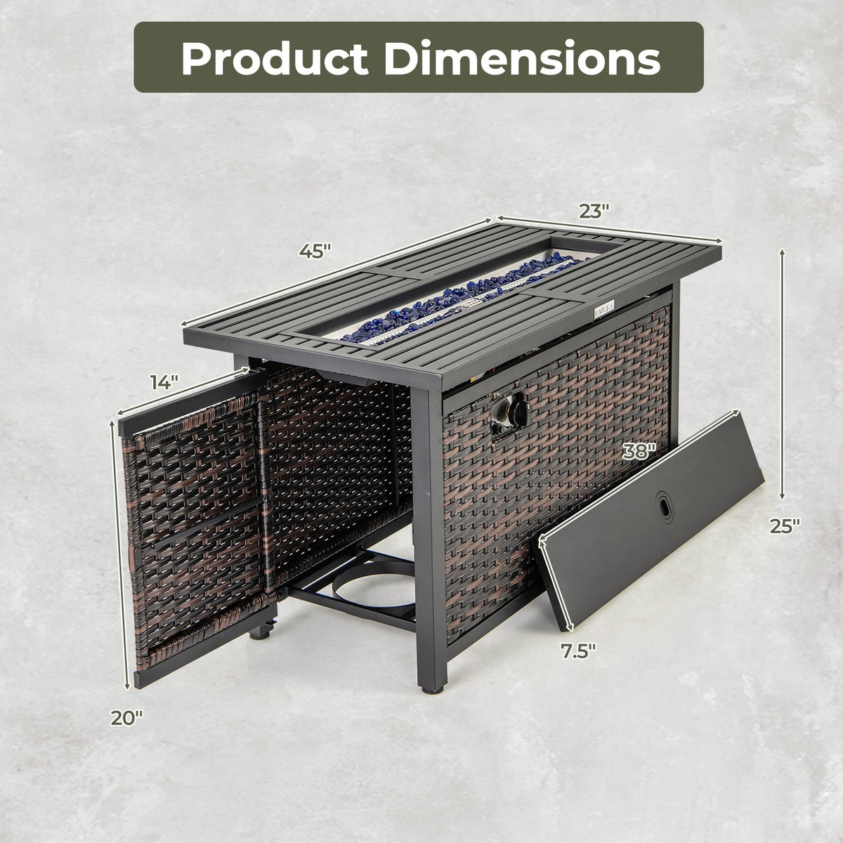 45 Inch Propane Rattan Firepit Table with Glass Stones and Protective Cover-Mixed Brown-Fire Pit Tables-DECOROLALA