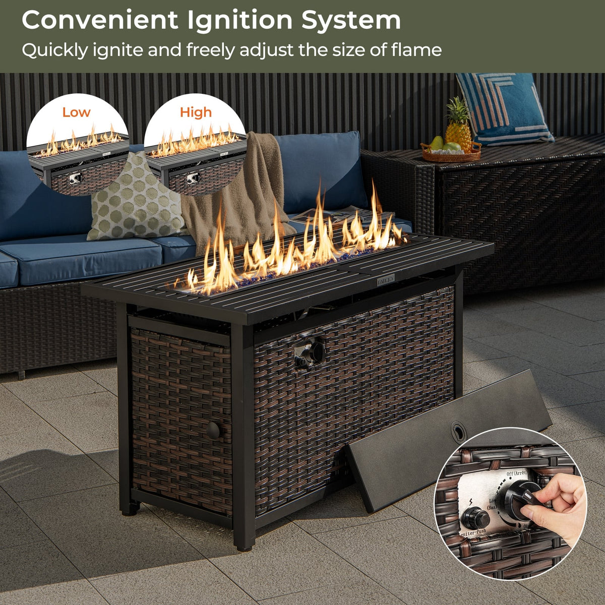 45 Inch Propane Rattan Firepit Table with Glass Stones and Protective Cover-Mixed Brown-Fire Pit Tables-DECOROLALA