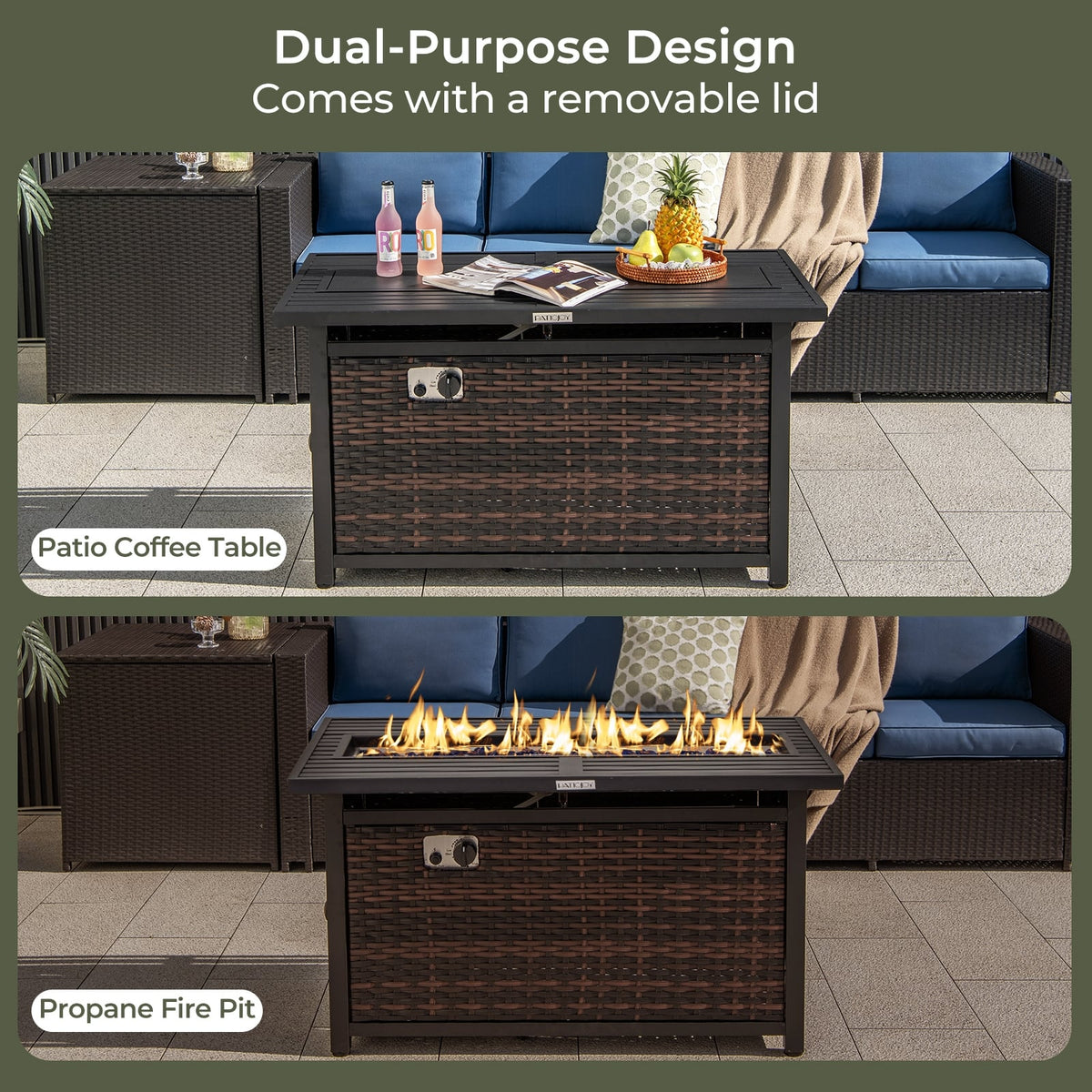 45 Inch Propane Rattan Firepit Table with Glass Stones and Protective Cover-Mixed Brown-Fire Pit Tables-DECOROLALA