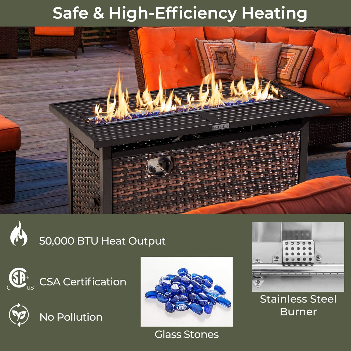 45 Inch Propane Rattan Firepit Table with Glass Stones and Protective Cover-Mixed Brown-Fire Pit Tables-DECOROLALA