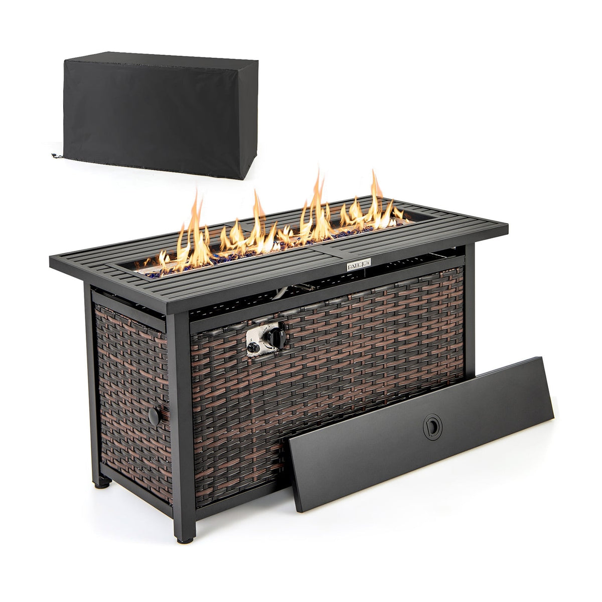45 Inch Propane Rattan Firepit Table with Glass Stones and Protective Cover-Mixed Brown-Fire Pit Tables-DECOROLALA
