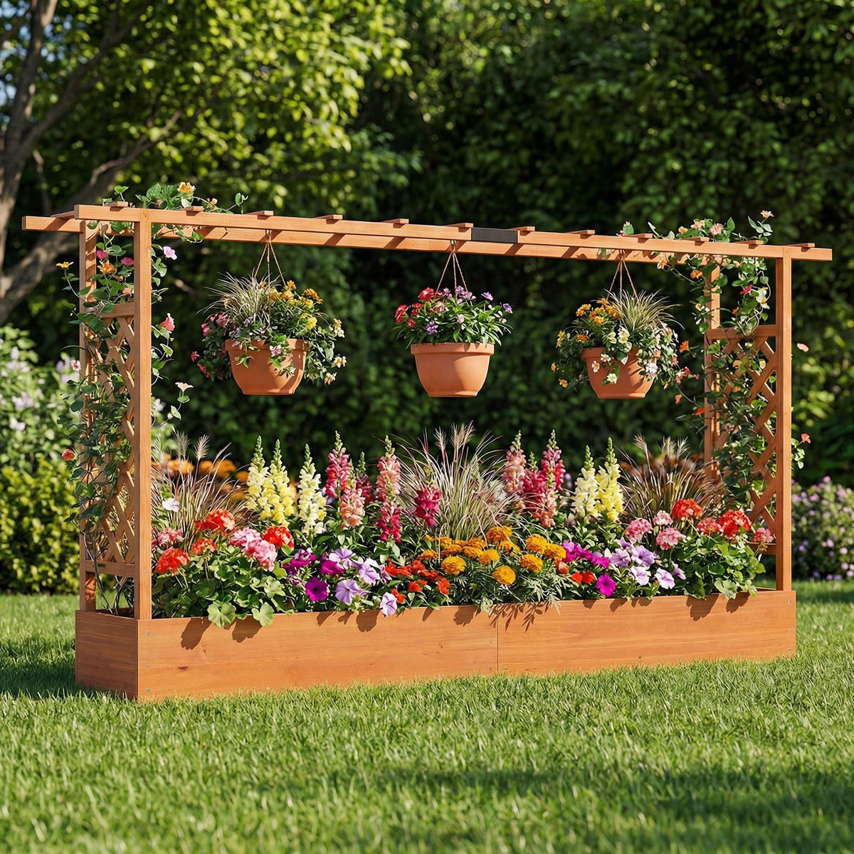45 Inch Tall Wooden Raised Garden Bed with Side Trellis and Hanging Roof Drainage Holes-Orange-Raised Garden Beds-DECOROLALA