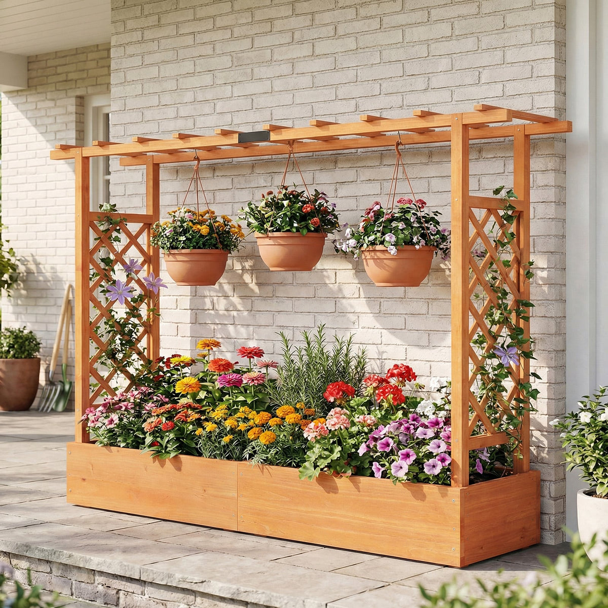 45 Inch Tall Wooden Raised Garden Bed with Side Trellis and Hanging Roof Drainage Holes-Orange-Raised Garden Beds-DECOROLALA