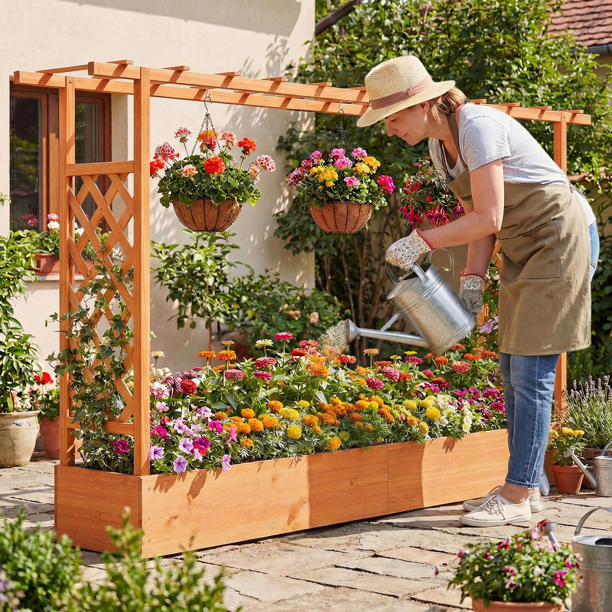45 Inch Tall Wooden Raised Garden Bed with Side Trellis and Hanging Roof Drainage Holes-Orange-Raised Garden Beds-DECOROLALA
