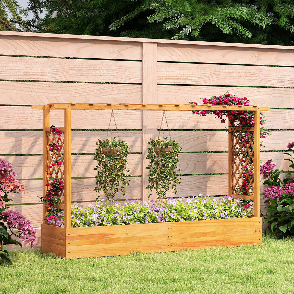 45 Inch Wooden Raised Garden Bed with Lattice Trellis for Outdoor-Natural-Raised Garden Beds-DECOROLALA