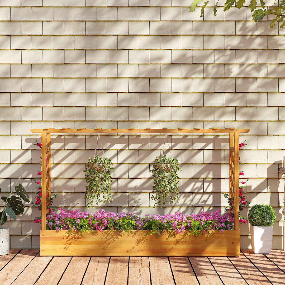 45 Inch Wooden Raised Garden Bed with Lattice Trellis for Outdoor-Natural-Raised Garden Beds-DECOROLALA
