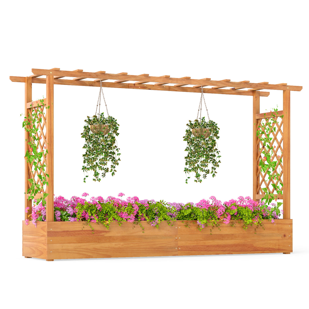 45 Inch Wooden Raised Garden Bed with Lattice Trellis for Outdoor-Natural-Raised Garden Beds-DECOROLALA