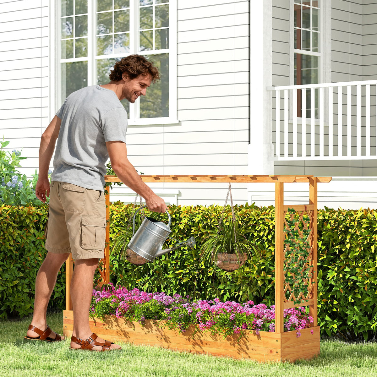 45 Inch Wooden Raised Garden Bed with Lattice Trellis for Outdoor-Natural-Raised Garden Beds-DECOROLALA
