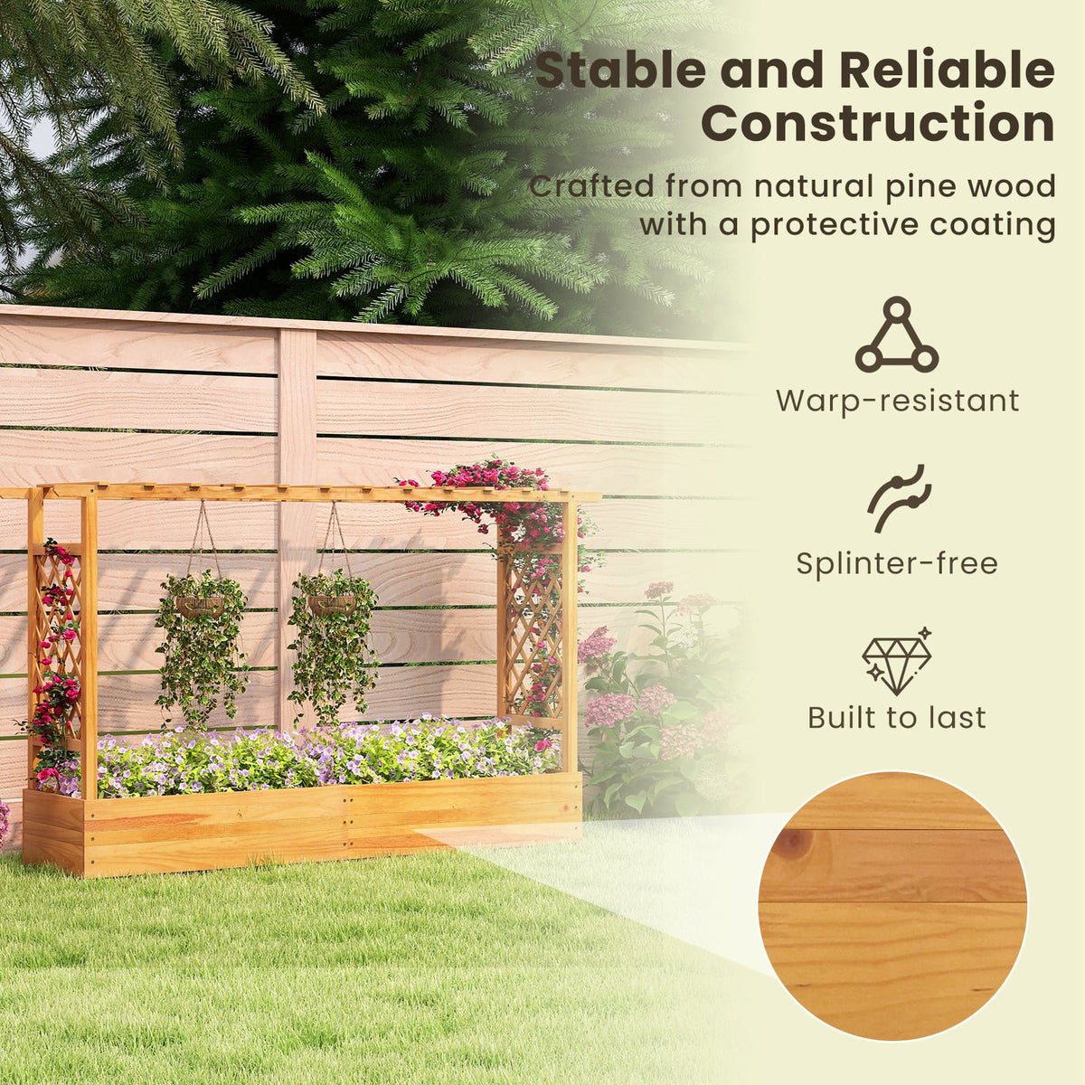 45 Inch Wooden Raised Garden Bed with Lattice Trellis for Outdoor-Natural-Raised Garden Beds-DECOROLALA