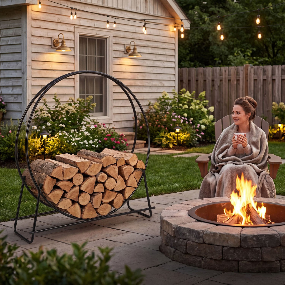 45" Round Firewood Rack with Heavy-Duty Metal Frame-Log Racks & Carriers-DECOROLALA