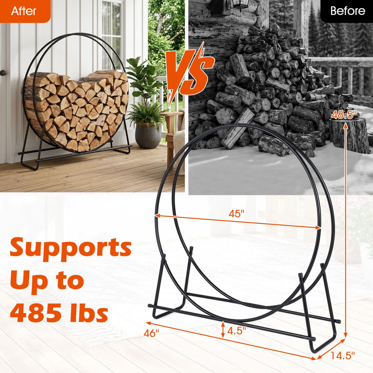 45" Round Firewood Rack with Heavy-Duty Metal Frame-Log Racks & Carriers-DECOROLALA
