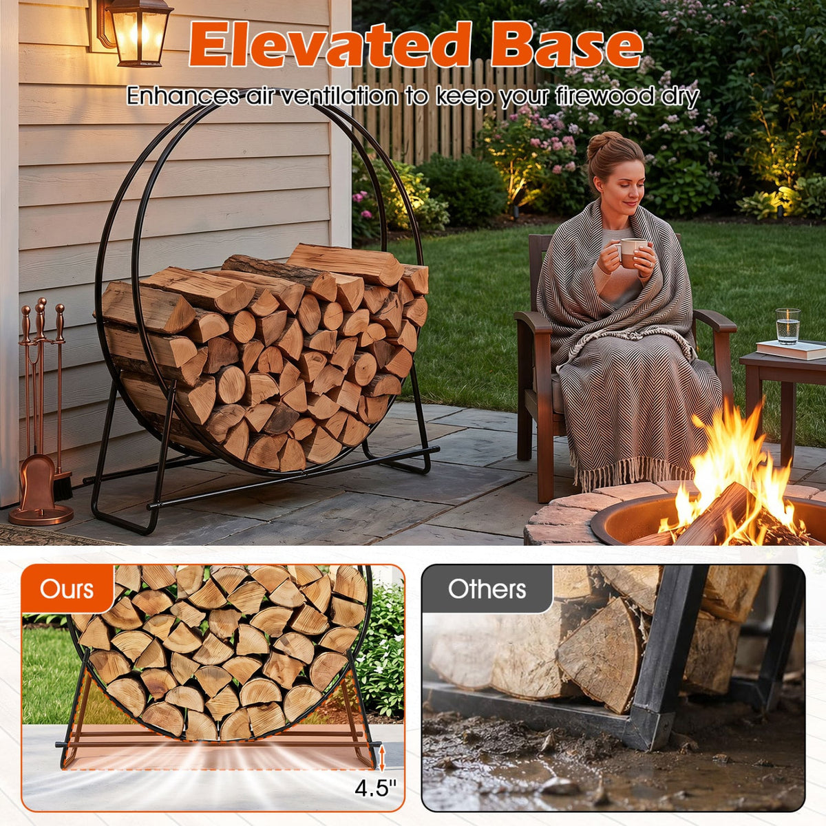 45" Round Firewood Rack with Heavy-Duty Metal Frame-Log Racks & Carriers-DECOROLALA