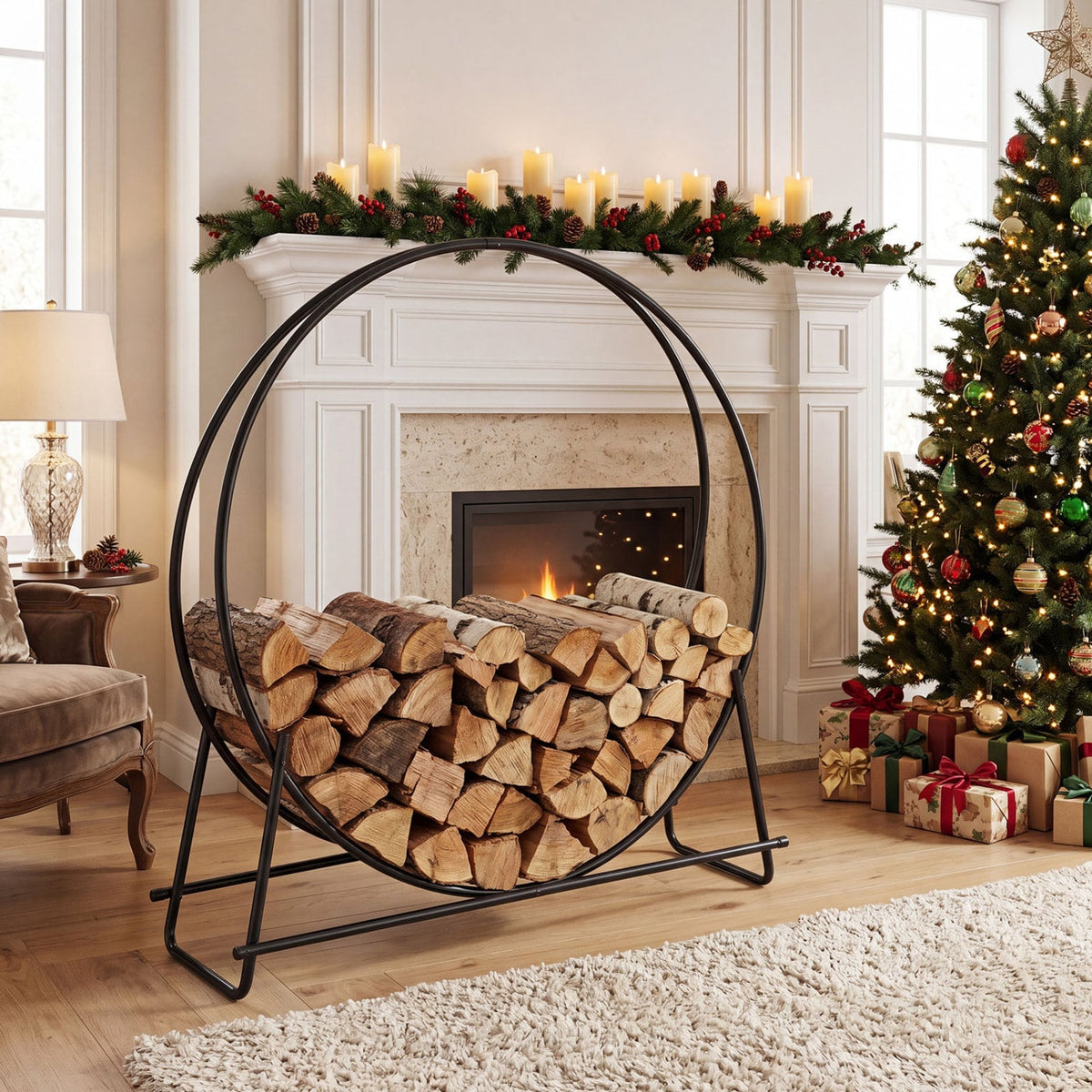 45" Round Firewood Rack with Heavy-Duty Metal Frame-Log Racks & Carriers-DECOROLALA