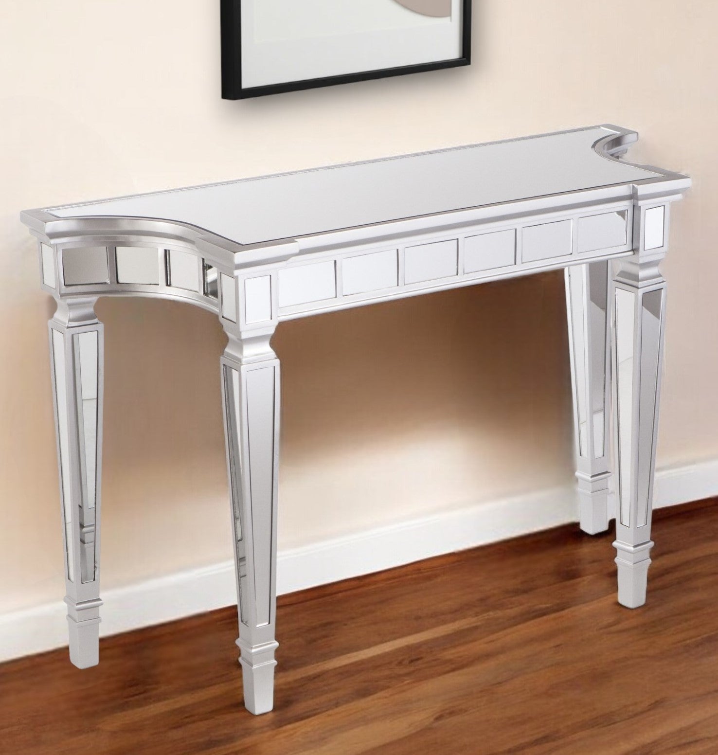 45" Silver Mirrored Glass Free Form Console Table-Console Tables-DECOROLALA