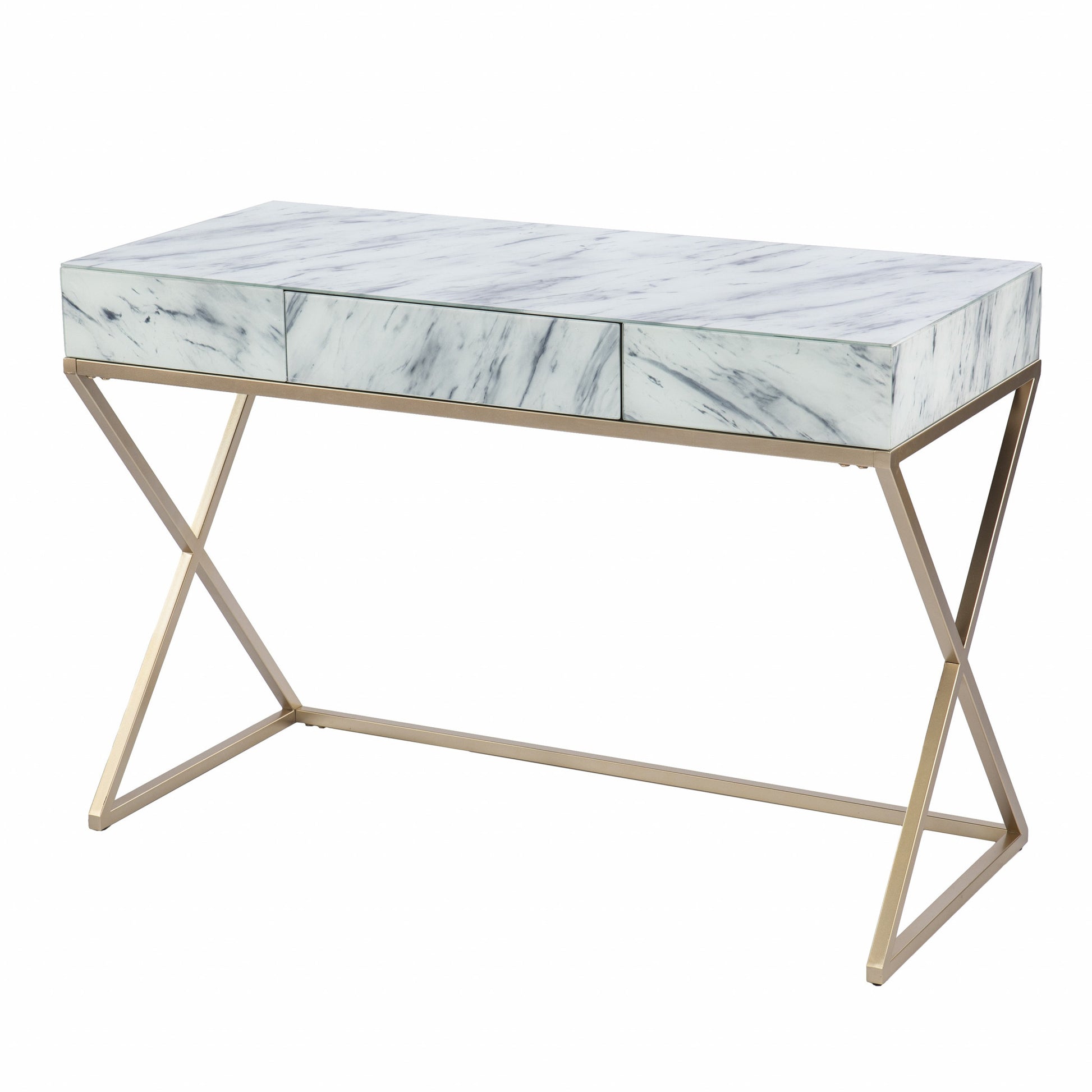 45" White and Bronze Glass Writing Desk With Two Drawers-Desks-DECOROLALA