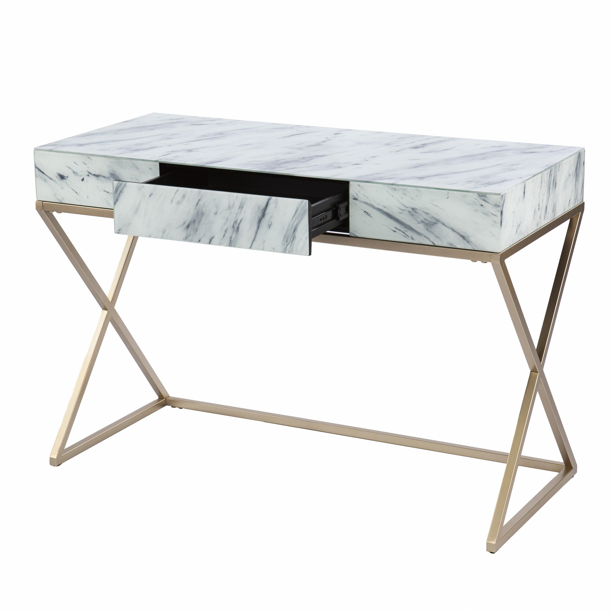 45" White and Bronze Glass Writing Desk With Two Drawers-Desks-DECOROLALA