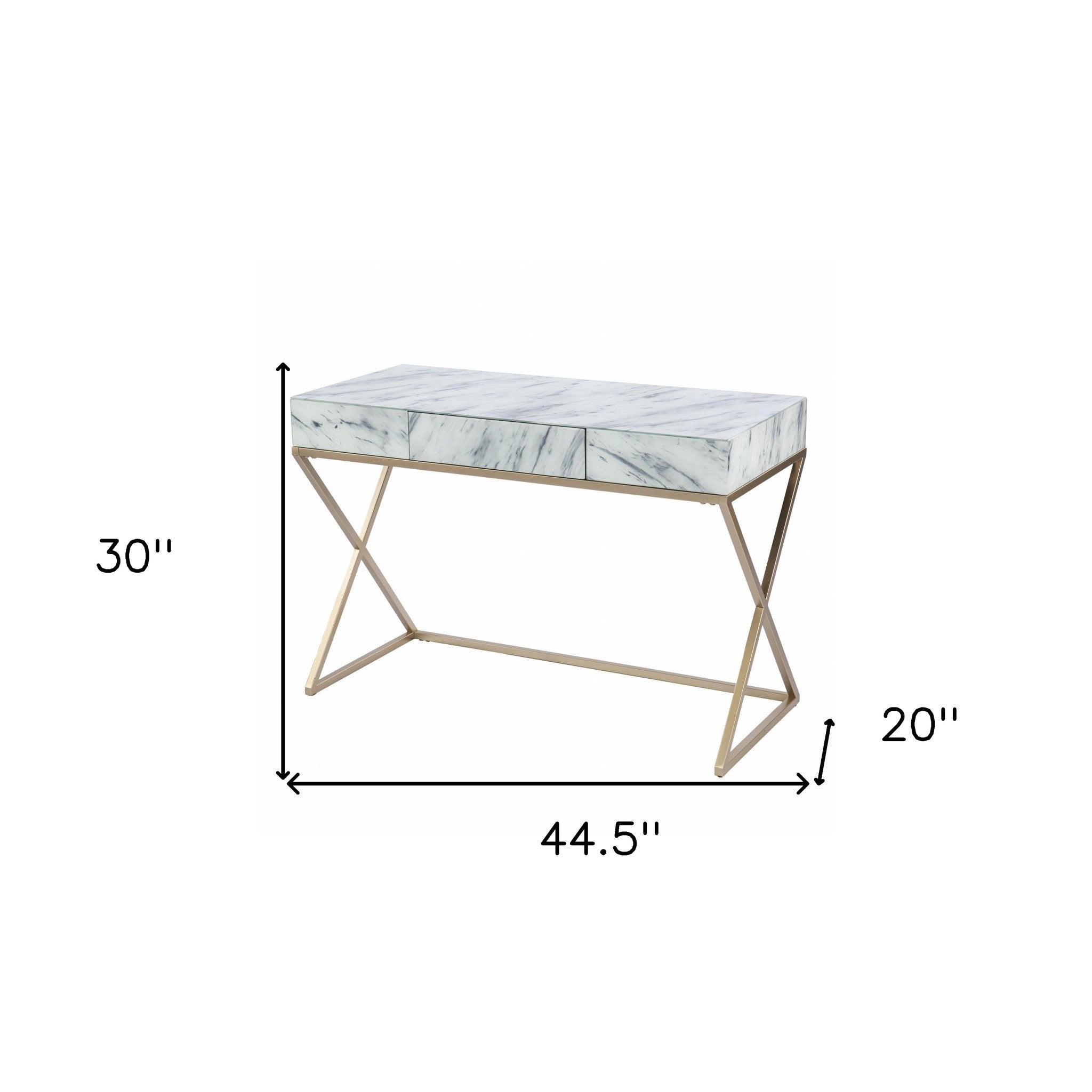 45" White and Bronze Glass Writing Desk With Two Drawers-Desks-DECOROLALA