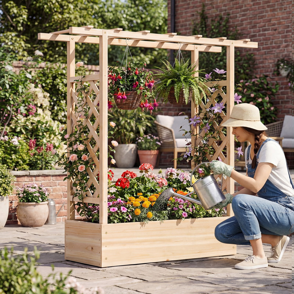 45 inch Tall Wooden Raised Garden Bed with Side Trellis and Hanging Roof-Natural-Raised Garden Beds-DECOROLALA