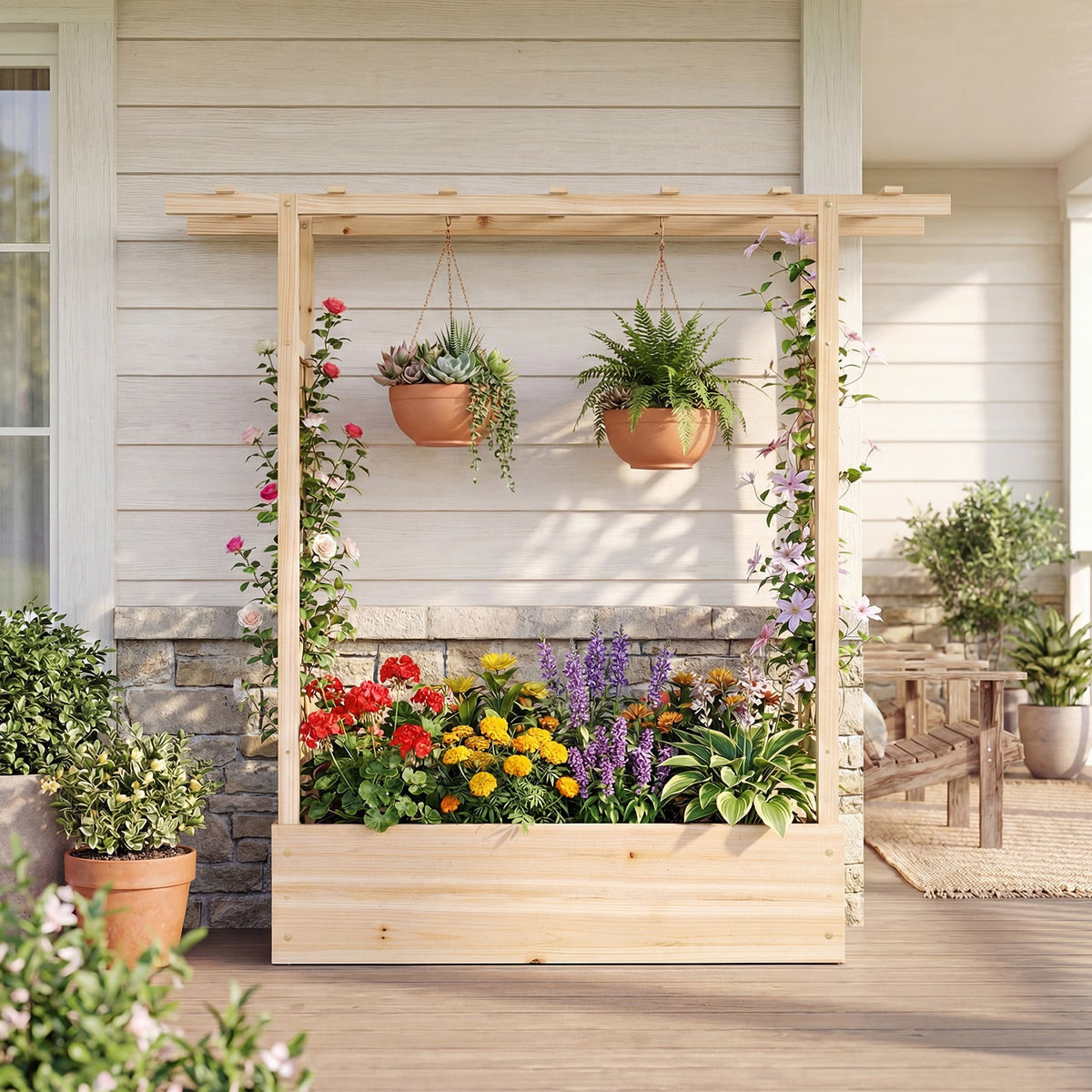 45 inch Tall Wooden Raised Garden Bed with Side Trellis and Hanging Roof-Natural-Raised Garden Beds-DECOROLALA