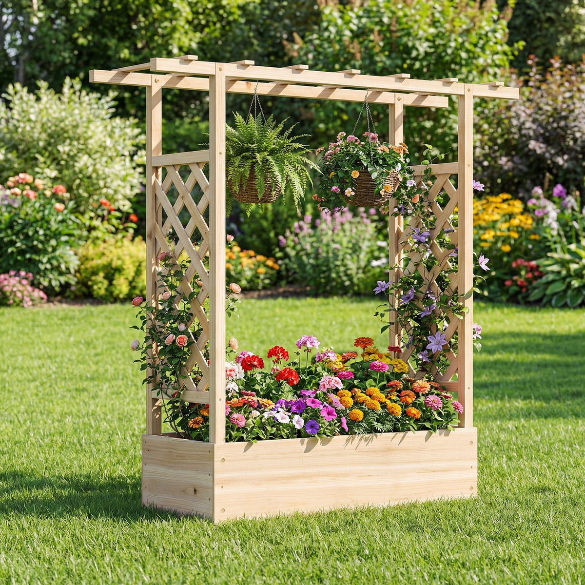 45 inch Tall Wooden Raised Garden Bed with Side Trellis and Hanging Roof-Natural-Raised Garden Beds-DECOROLALA