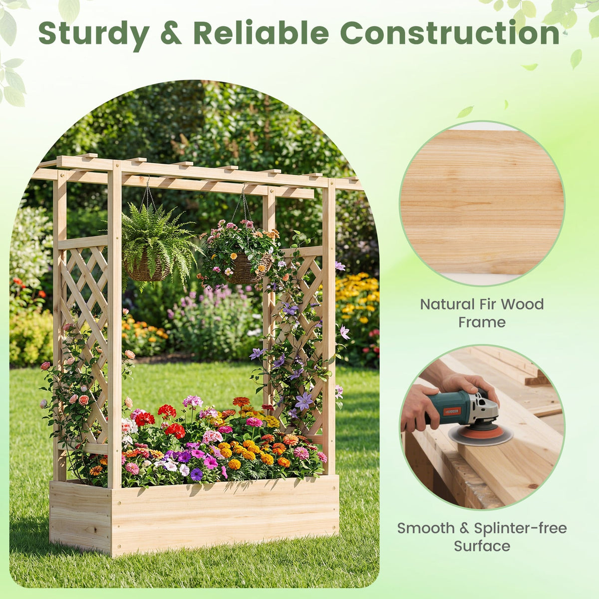 45 inch Tall Wooden Raised Garden Bed with Side Trellis and Hanging Roof-Natural-Raised Garden Beds-DECOROLALA