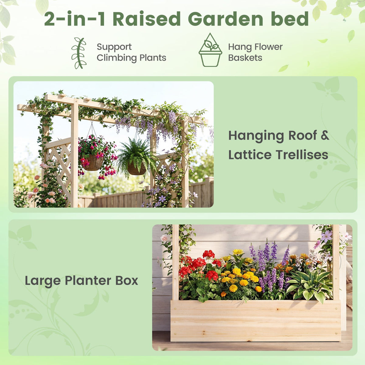 45 inch Tall Wooden Raised Garden Bed with Side Trellis and Hanging Roof-Natural-Raised Garden Beds-DECOROLALA