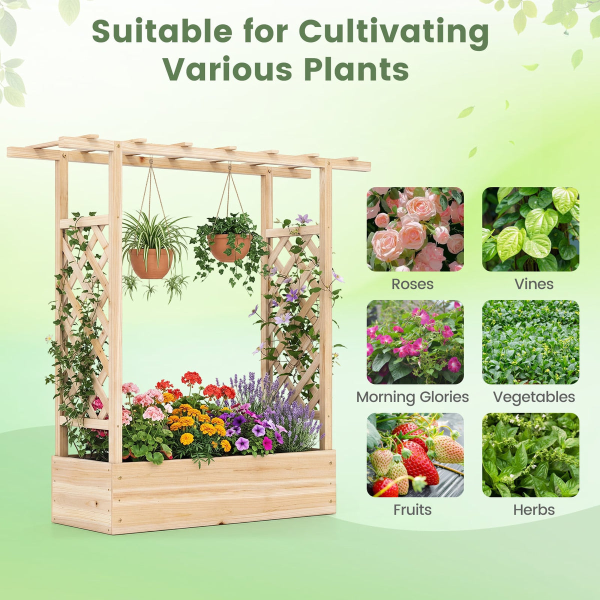 45 inch Tall Wooden Raised Garden Bed with Side Trellis and Hanging Roof-Natural-Raised Garden Beds-DECOROLALA