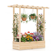 45 inch Tall Wooden Raised Garden Bed with Side Trellis and Hanging Roof-Natural-Raised Garden Beds-DECOROLALA